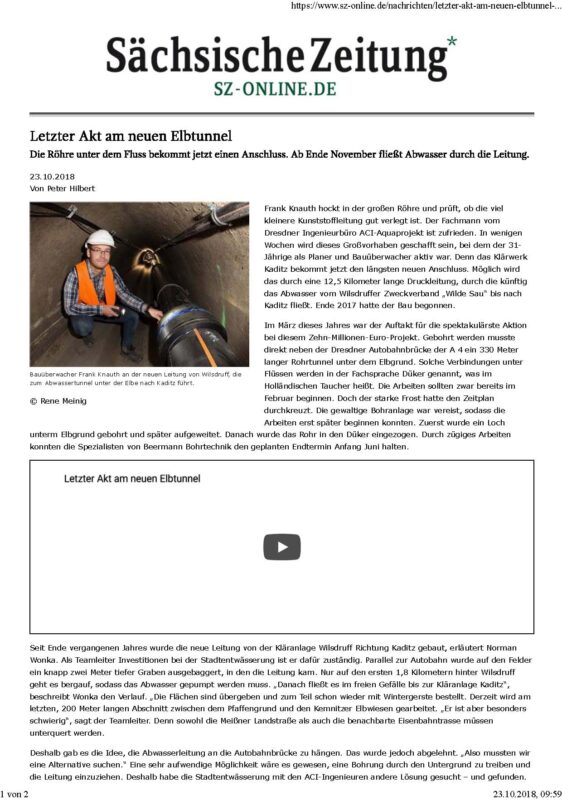 Sächsische Zeitung 2018 - Abwasserkanal Elbtunnel Wilsdruff